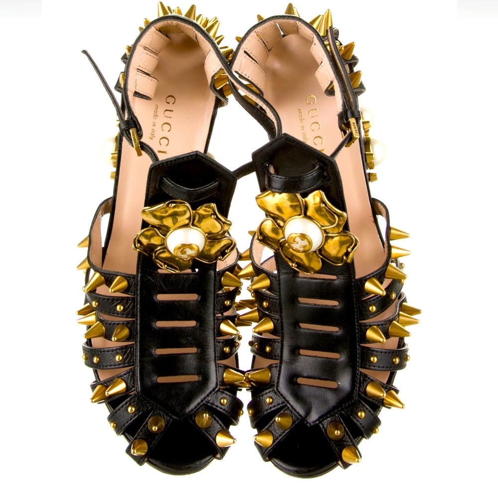 Authentic Gucci Faux Pearl Accents Leather T-Strap Sandals